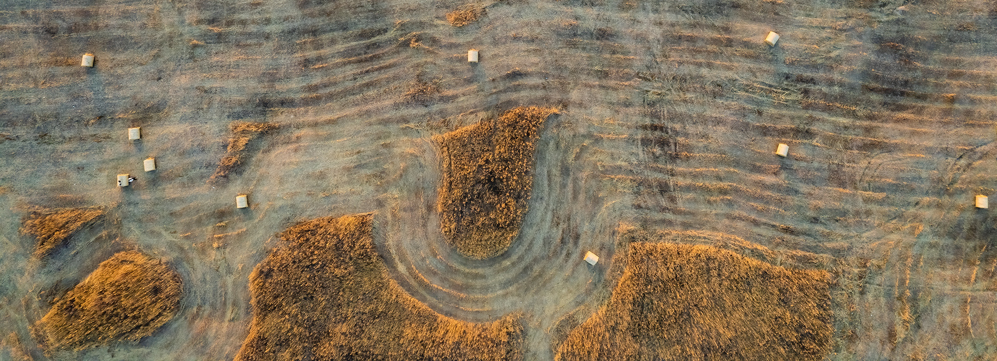 Aerial shot of bakles in the fiels rwapped with Novatex net wrap